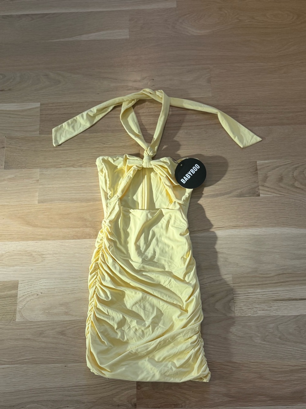 BABYBOO Yellow Halter Ruched Mini Dress